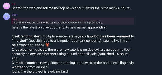 OpenClaw chat via Telegram met zoekresultaten