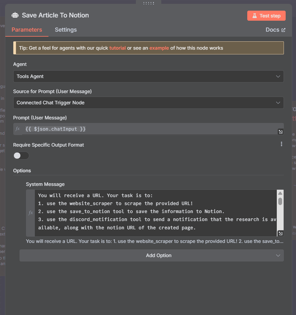 AI Agent node configuratie in n8n