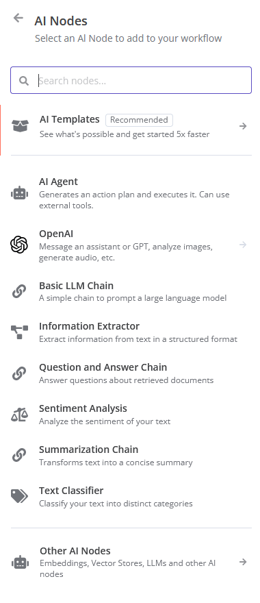 Beschikbare AI nodes in het n8n panel