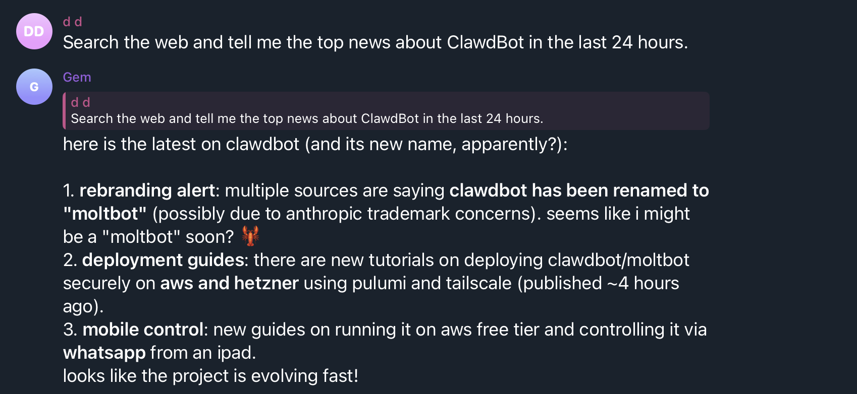 OpenClaw Telegram chat — gesprek met je AI assistent